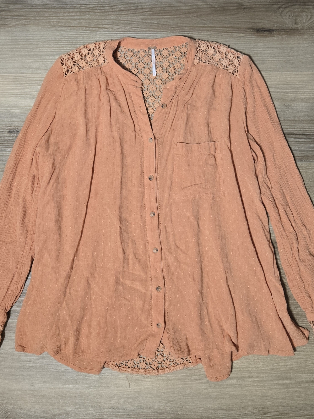 Free People Coral Orange Button-Up Lace Yoke Blouse